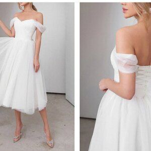 Sweet A-Line Off-The-Shoulder Little White Tulle Wedding Dresses